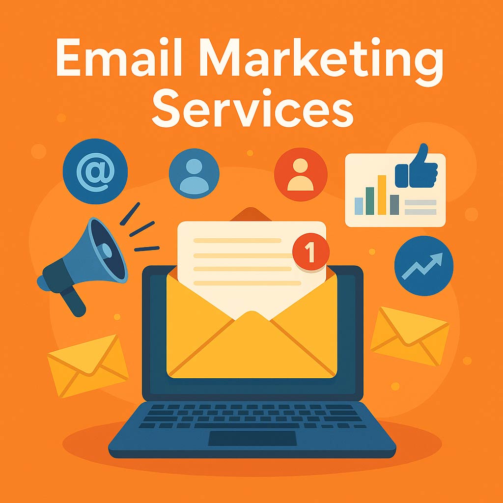 Illustration of email marketing services featuring a laptop with an open envelope, surrounded by icons for analytics, engagement, and digital messaging.
