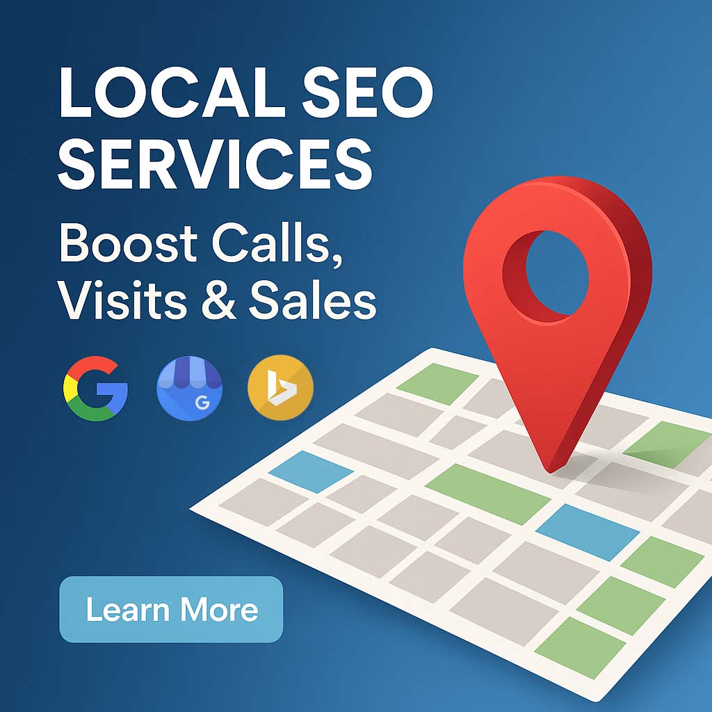 Local SEO services advertisement showing a red location pin on a digital map, with icons for Google, and Bing.