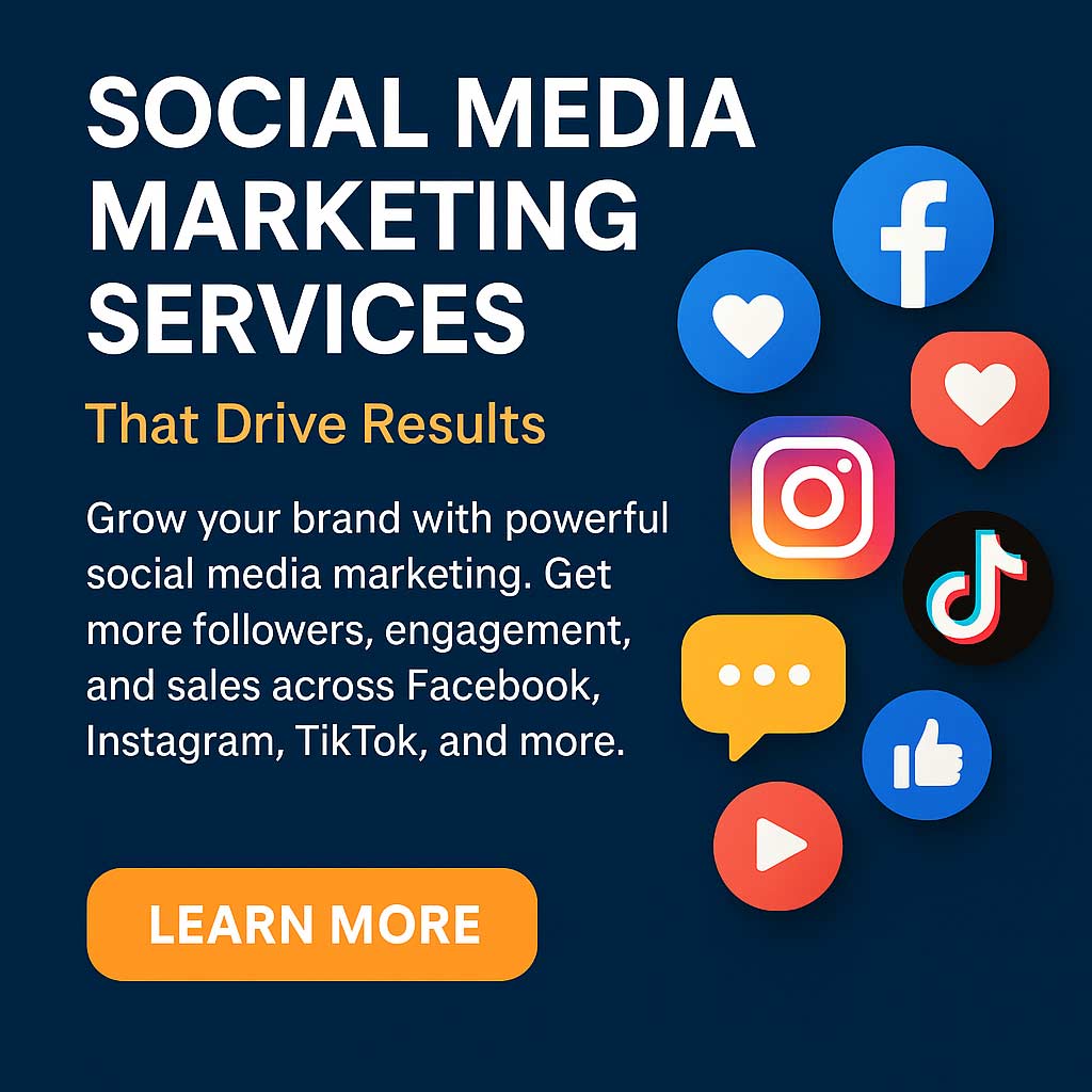 Digital advertisement for social media marketing services with icons for Facebook, Instagram, TikTok, and a call-to-action button reading Learn More.